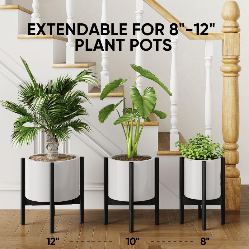 MUDEELA 14 Inch Tall Plant Stand for Indoor, Adjustable Width Bamboo Plant Stand for 8 9 10 11 12 Inches Pot, Single Tier Planter Holder Floor Stand, Mid Century Modern Style, Black, Without Pot - Image 3